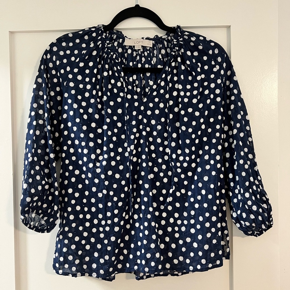 LOFT Navy and White Polka Dot Blouse - PETITE SMALL